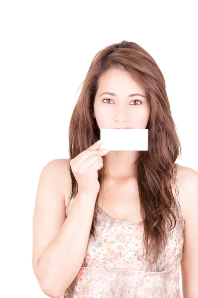 Woman Covering Her Mouth With Blank card — Stock Photo, Image