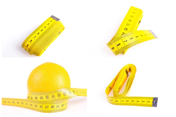 Измерительная лента завернутая и фрукты как символ диеты . — стоковое фото