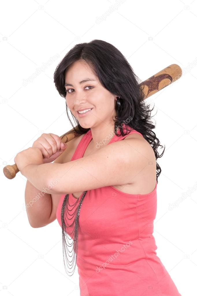 Hispanic business woman with baseball bat in hands