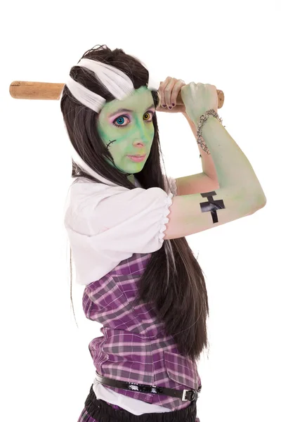 Donna in costume Frankenstein con pipistrello — Foto Stock