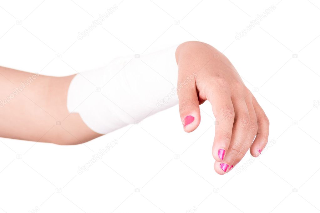 Close-up image of a white bandage wrapped on injured arm.