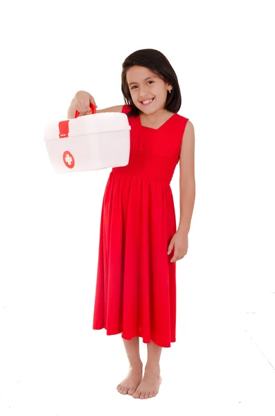 Young smiling female carrying a portable first aid kit — Stock Photo, Image