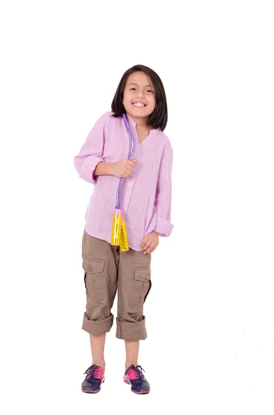 Seven years Girl with skipping rope isolated on white — Stock Photo, Image