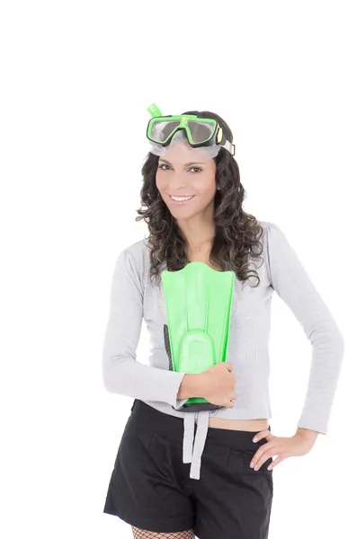 Mulher engraçada em equipamento de snorkeling, tiro estúdio isolado — Fotografia de Stock