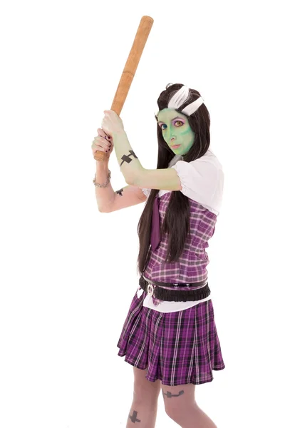 Woman in Frankenstein costume with bat — Stock Photo, Image