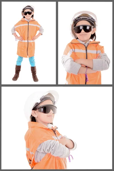 Little girl in construction clothes white background — Stock Photo, Image