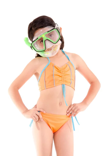 Girl in a swimsuit, beachwear, studio shot, scuba gear — Stock Photo, Image