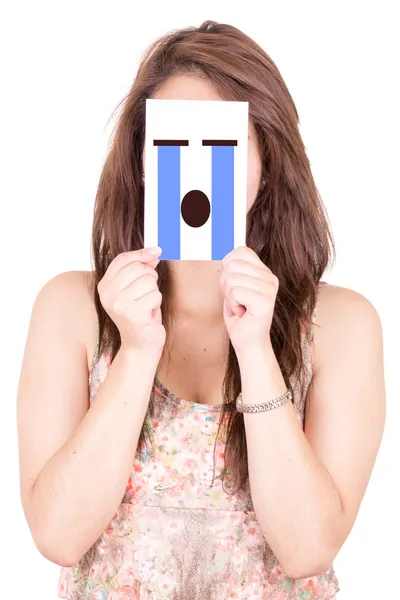 Pretty Young Woman with Crying Emoticon — Stock Photo, Image