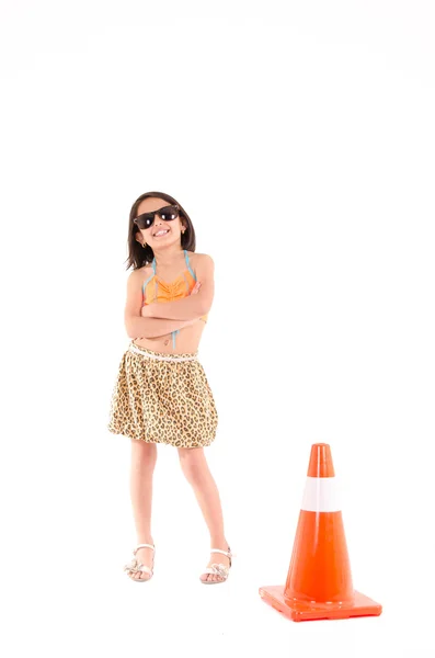 Little girl with construction cone — Stock Photo, Image