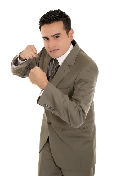 Empresario hispano boxeando aislado sobre un fondo blanco — Foto de Stock