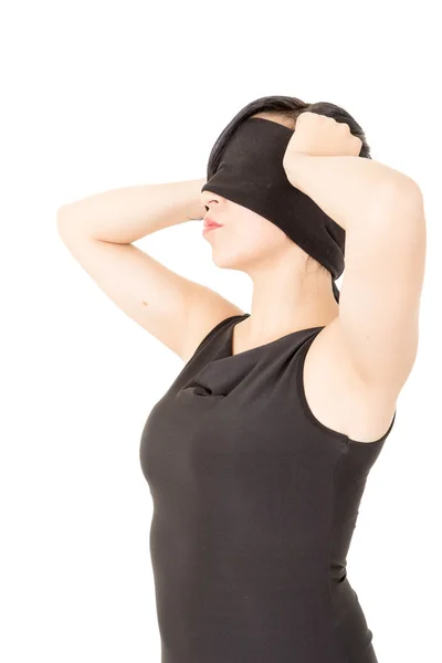 Portrait of the young woman blindfold , isolated on white — Stock Photo, Image