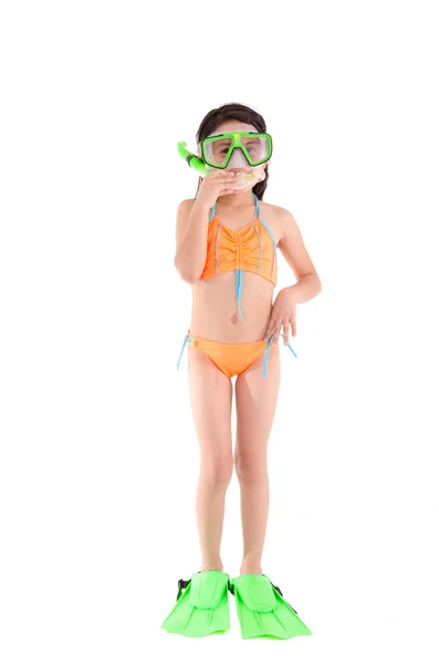 Girl in a swimsuit, beachwear, studio shot, scuba gear — Stock Photo, Image