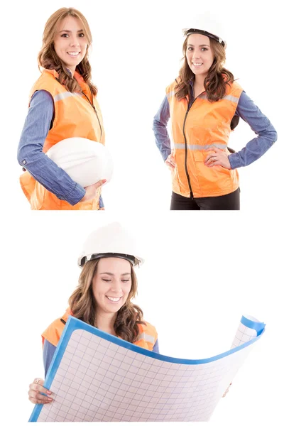 Woman Architect at work site with blueprints set — Stock Photo, Image