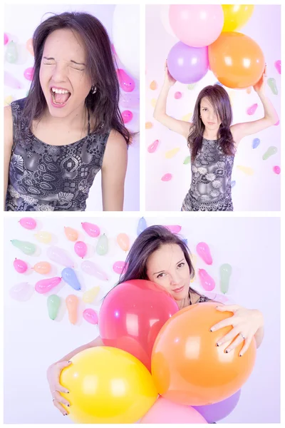 Sada šťastná dívka s balónky, party téma — Stock fotografie