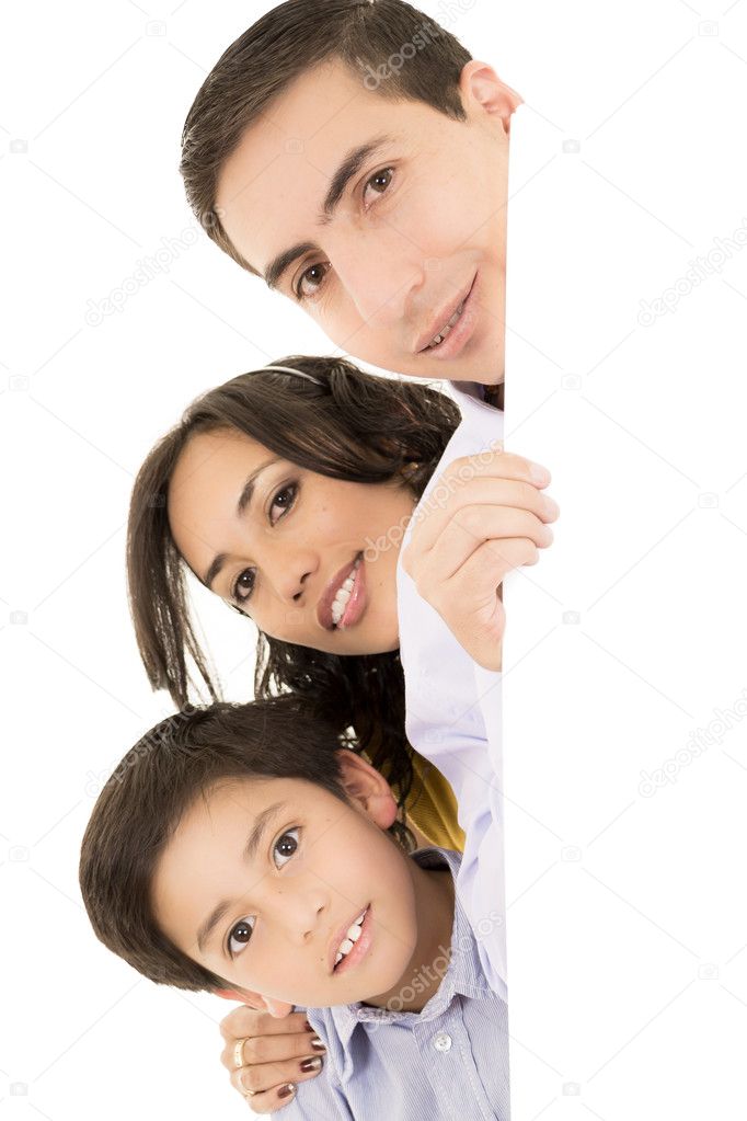 Happy latino family portrait - isolated over a white background