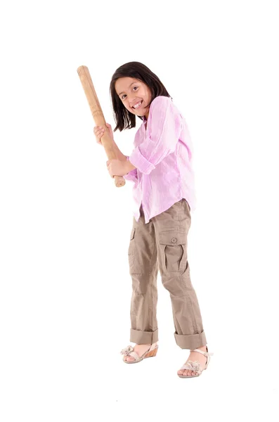 Hispanic girl with baseball bat ready to hit — Stock Photo, Image