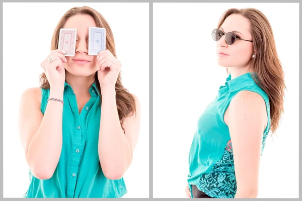 Menina atraente com cartas isoladas no fundo branco — Fotografia de Stock