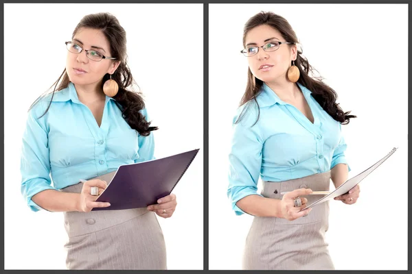 Full body portrait of hispanic business woman with blue folder — Stock Photo, Image