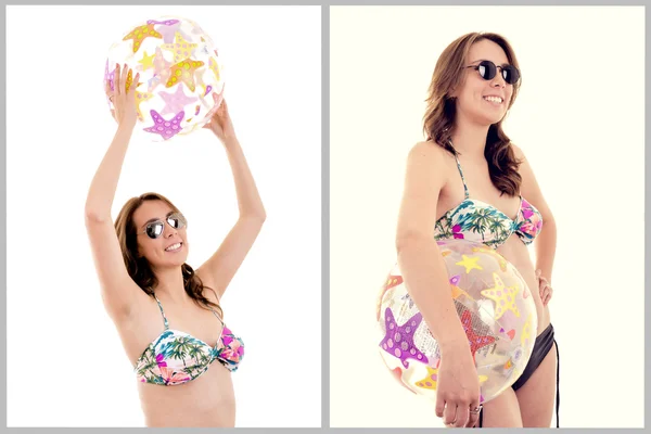 Portrait of a young girl in swimsuit and beachball — Stock Photo, Image