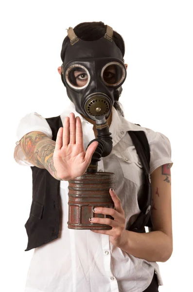 Girl in a gas mask. stop concept — Stock Photo, Image