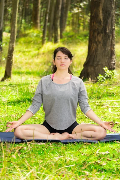 Jolie femme faisant des exercices de yoga dans le parc — Photo