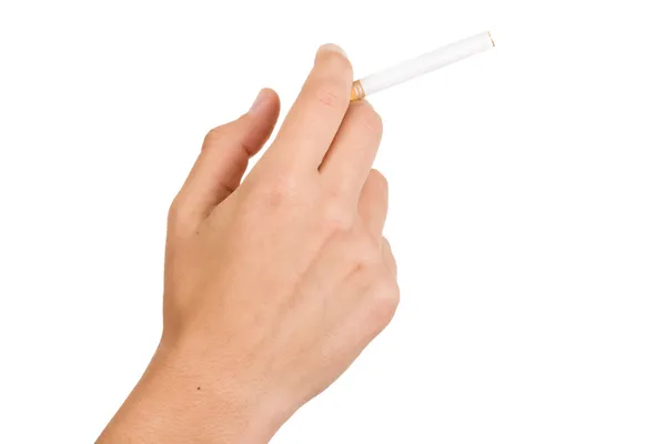 Mão, segurando cigarro no fundo branco — Fotografia de Stock