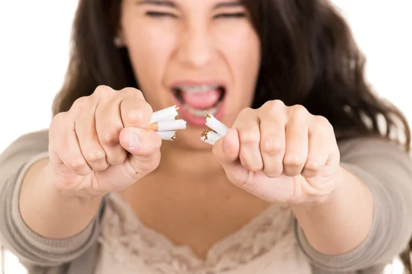Woman breaking cigarette. concept stop smoking — Stock Photo, Image