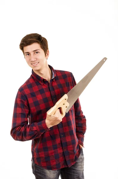 Man with a saw on a white background — Stock Photo, Image