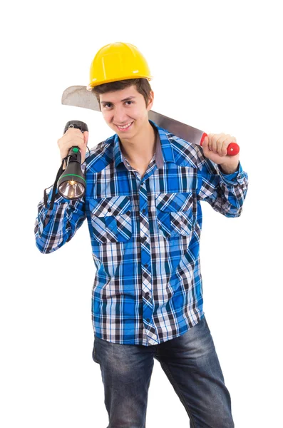 Homme tenant une machette et un casque — Photo