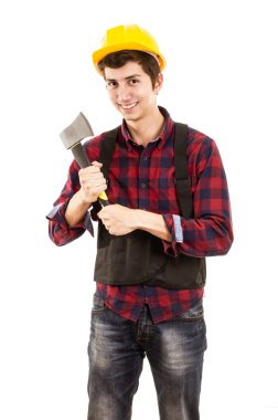 adam beyaz zemin üzerine balta ile