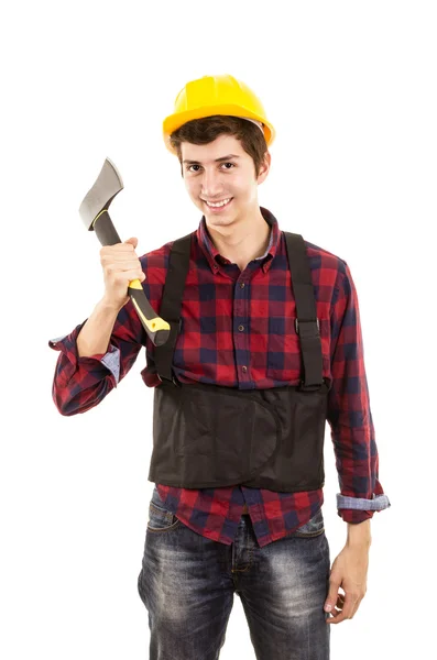 Man with hatchet on a white background — Stock Photo, Image