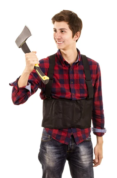 Hombre con hacha sobre fondo blanco —  Fotos de Stock