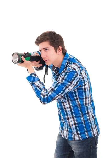 Человек ищет с фонариком на белом фоне — стоковое фото