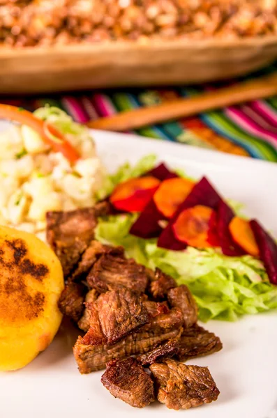Fritada, fried pork, traditional ecuatorian dish. — Stock Photo, Image
