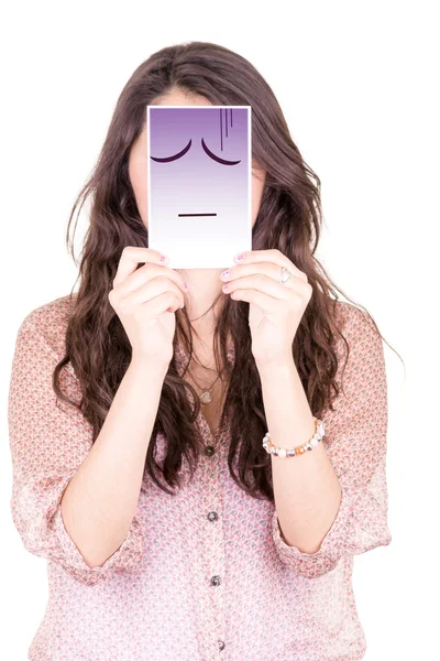 Femme avec émoticône sur un papier dans son visage — Photo