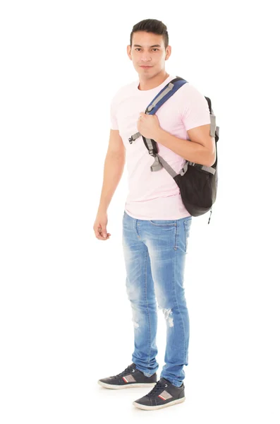 学生戴着一个白色背景上的背包 — 图库照片