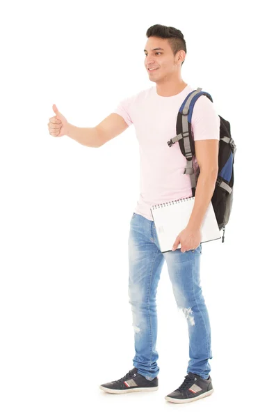 Estudiante vistiendo una mochila sobre fondo blanco — Foto de Stock