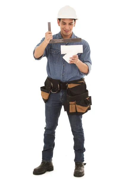 Construction worker with plumbing pipes — Stock Photo, Image