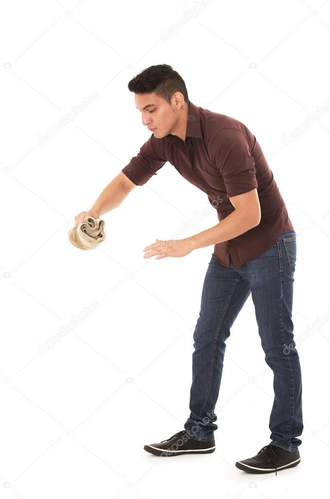 man cleaning with a cloth on a white background