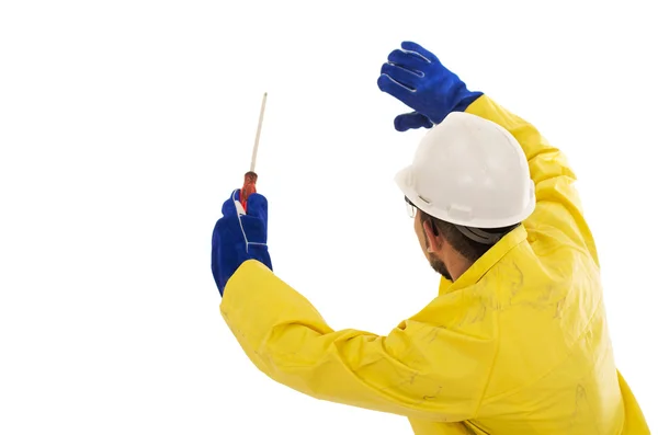 Man with screwdriver protective suit — Stock Photo, Image