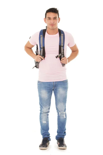 Diák visel egy hátizsák, fehér háttér — Stock Fotó