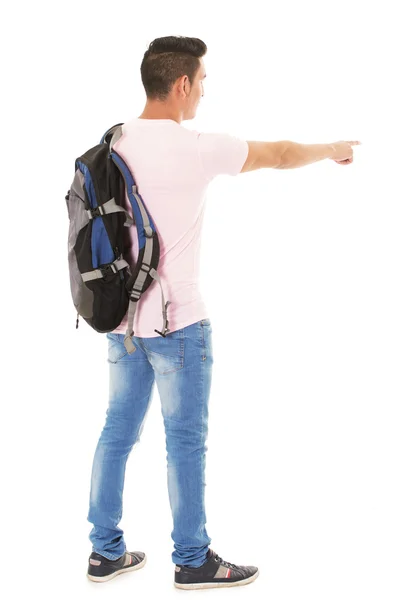 Estudante vestindo uma mochila no fundo branco — Fotografia de Stock