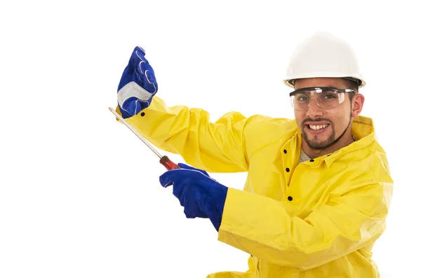 Man with screwdriver protective suit — Stock Photo, Image