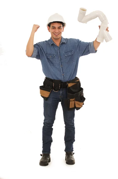 Construction worker with plumbing pipes — Stock Photo, Image