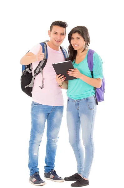 Estudantes com mochila fundo branco — Fotografia de Stock