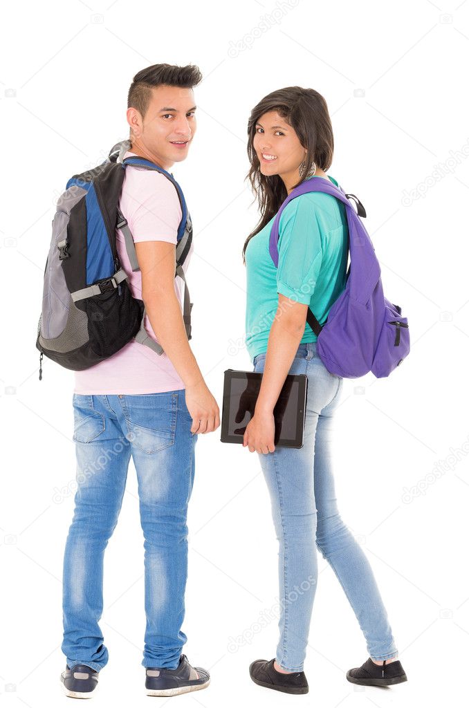 students with backpack white background