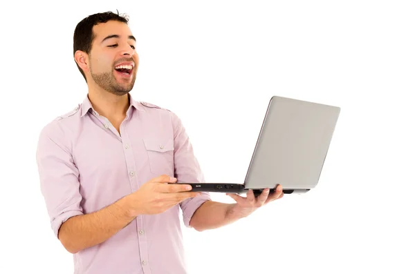 Man happy with laptop standing — Stock Photo, Image