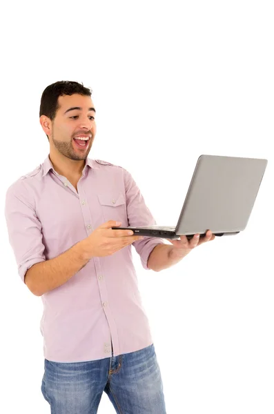 Człowiek zadowolony z laptopa stojący — Zdjęcie stockowe