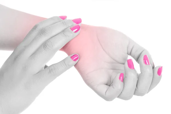 Kobieta z ból nadgarstka i gwoździe różowy — Zdjęcie stockowe