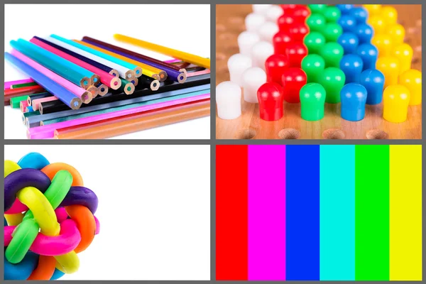 Crayons d'objets colorés, écran, boule en caoutchouc, broches — Photo